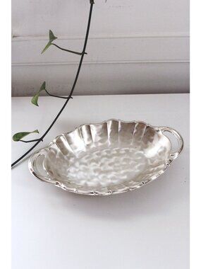 Vintage Silver-Plated Handled Oval Serving Tray Trinket Dish Scalloped Edge - WM